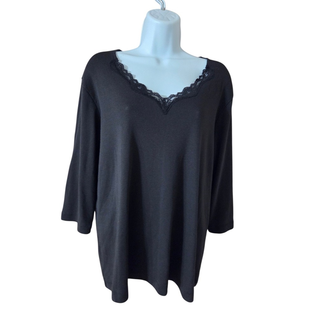 Vtg Fashion Bug Black 3/4-Sleeve Lace-Trim V-Neck Knit Top 18/20W